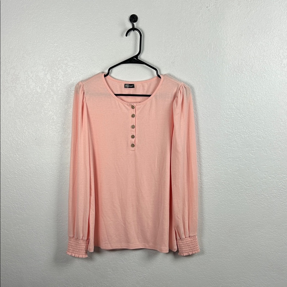 Minetom women’s Elegant Pink Long Sleeve Top Crew Neck Casual Sz L Office Wear